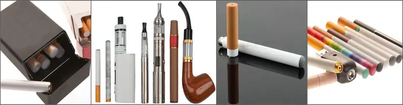 CDC public-domain strip of cigarettes, vapor devices, a pipe and a lighter — WindBar.ai D95 Microvolt