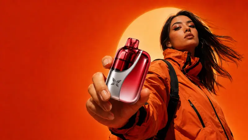 Adult woman in orange jacket holding out a WINDBAR CHROMA WING in Crimson Red (WindBar.ai)