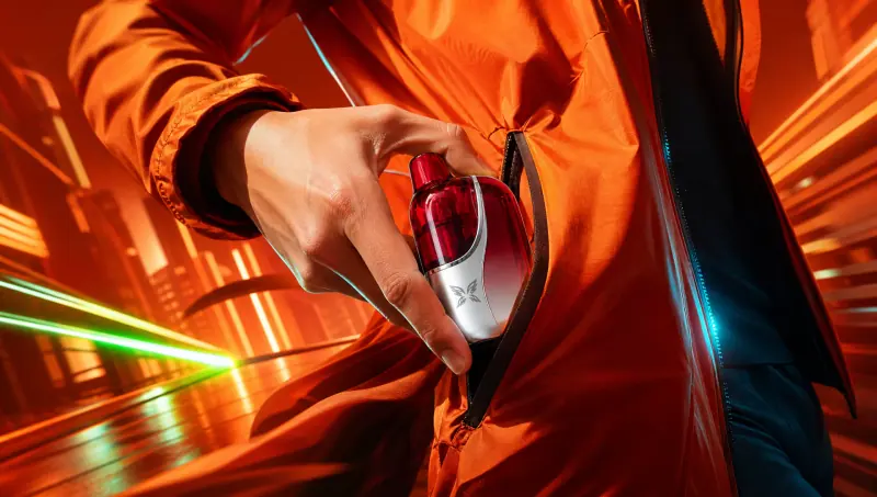 Hand placing a WINDBAR CHROMA WING in Crimson Red into an orange jacket pocket (WindBar.ai)