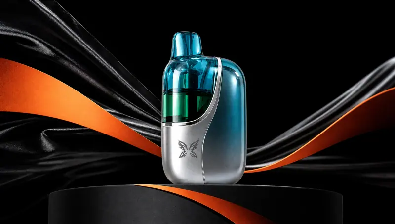 WINDBAR CHROMA WING in Ice Cyan on a black plinth with orange and black ribbons (WindBar.ai)
