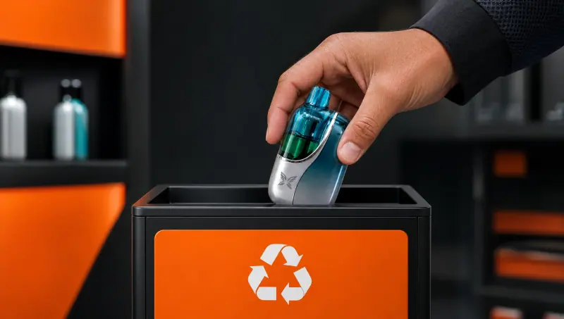 Hand dropping a WINDBAR CHROMA WING into a recycling bin (WindBar.ai)