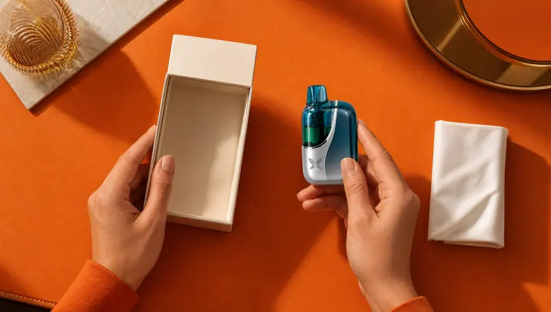 Hands unboxing a WINDBAR CHROMA WING in Ice Cyan on an orange desk mat (WindBar.ai)
