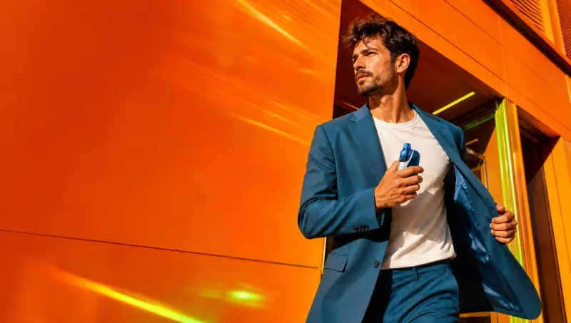 Adult man in blue suit walking with a WINDBAR CHROMA WING in an orange space (WindBar.ai)