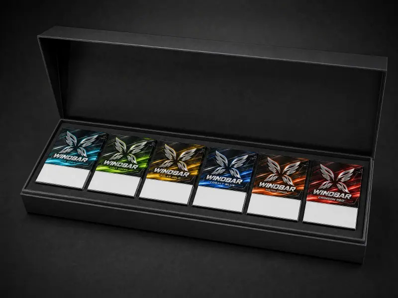 Open black presentation box with six WINDBAR CHROMA WING cartons