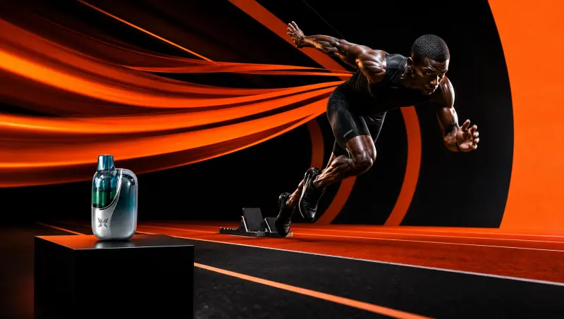 Adult sprinter leaving starting blocks beside a WINDBAR CHROMA WING on a black plinth (WindBar.ai)