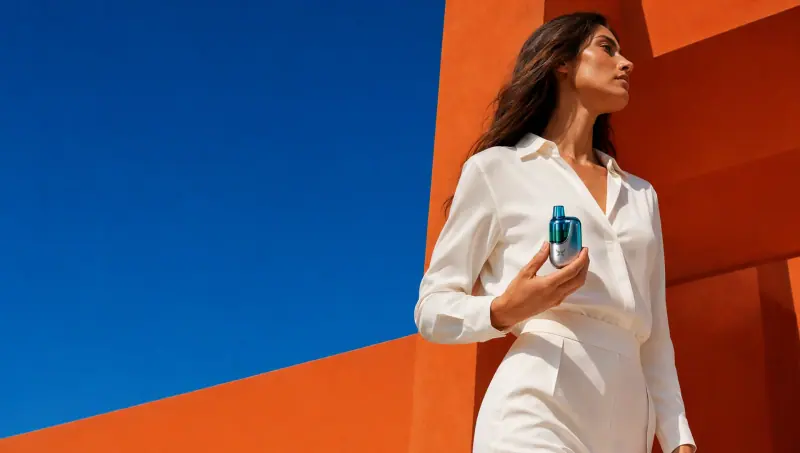 Adult woman in white suit holding a WINDBAR CHROMA WING against orange walls and blue sky
