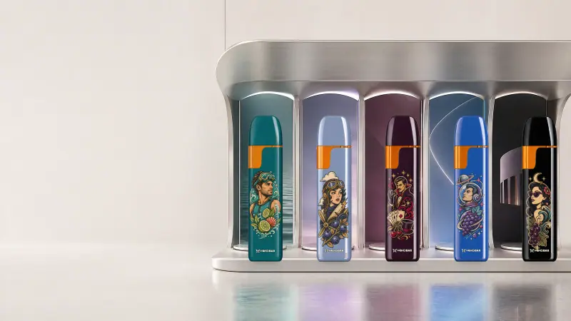Five WINDBAR D91 Voyagers devices in illuminated arches on a curved white retail shelf