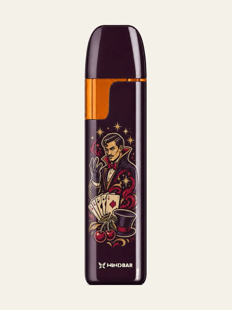 WINDBAR D91 Voyagers in Plum Noir with magician and playing-card illustration, front view