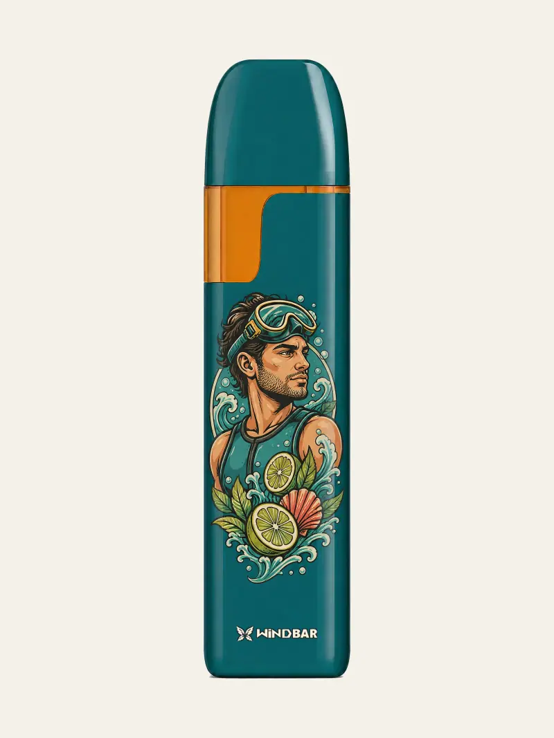 WINDBAR D91 Voyagers in Transformative Teal with diver and citrus illustration, front view (WindBar.ai)