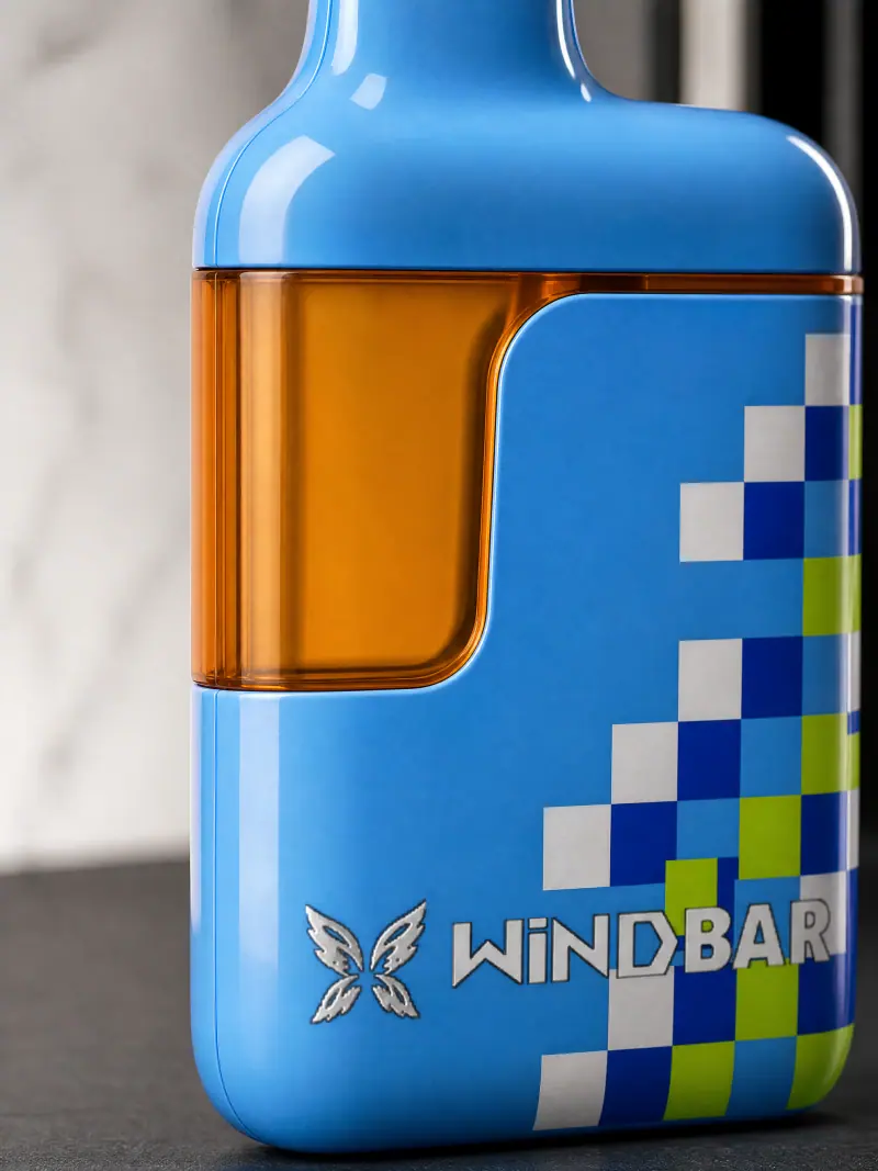Close-up of the amber window on a WINDBAR D95 Microvolt in Cool Blue Pixel