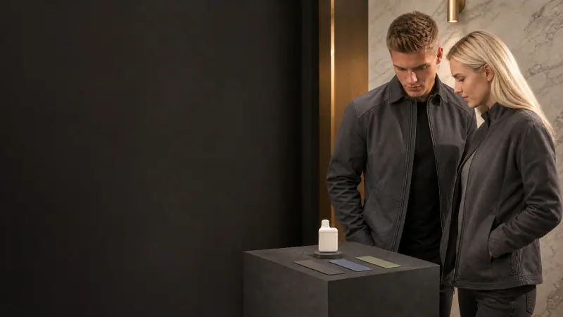 Two adults viewing a blank white WINDBAR D95 Microvolt OEM sample on a dark pedestal (WindBar.ai)