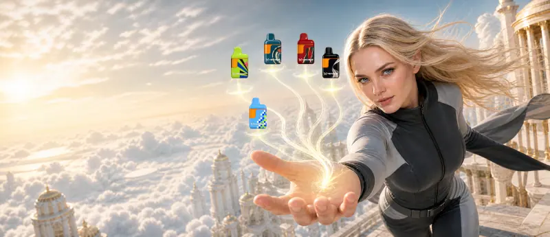 AI-generated heroine above clouds with five floating WINDBAR D95 Microvolt finishes