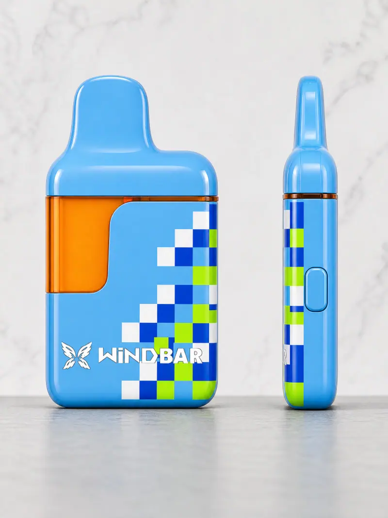 Front and side views of a WINDBAR D95 Microvolt in Cool Blue Pixel on white marble (WindBar.ai)