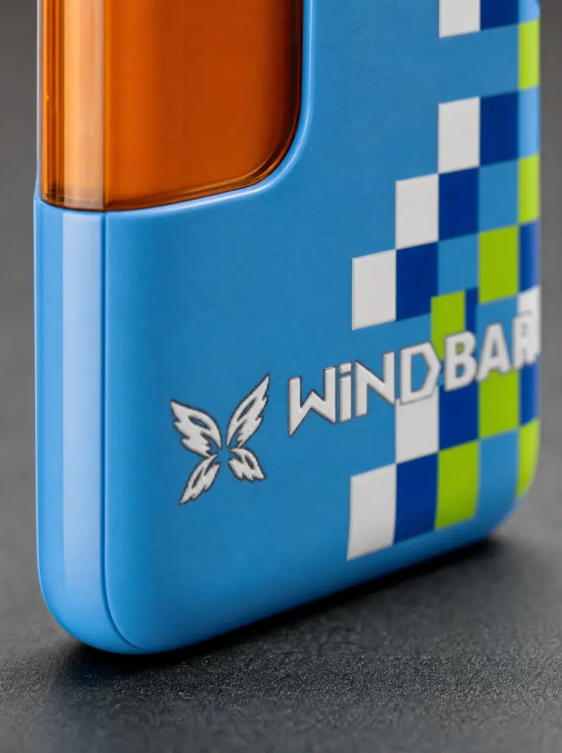 Close-up of WINDBAR D95 Microvolt housing in Cool Blue Pixel with pixel print and logo