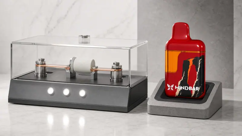 WINDBAR D95 Microvolt in Lava Falls Gate beside a glass-covered test fixture