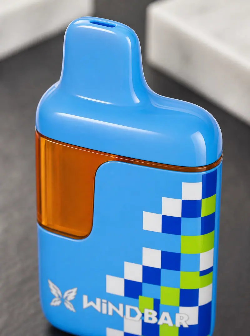 Angled close-up of the mouthpiece on a WINDBAR D95 Microvolt in Cool Blue Pixel