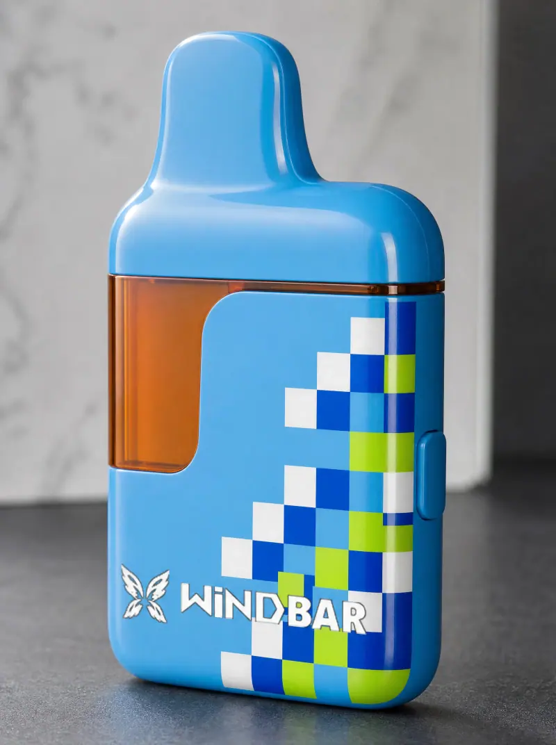 WINDBAR D95 Microvolt in Cool Blue Pixel, three-quarter view showing the side button (WindBar.ai)