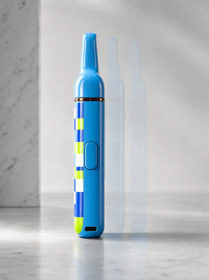 Side profile of a WINDBAR D95 Microvolt in Cool Blue Pixel on a marble surface (WindBar.ai)