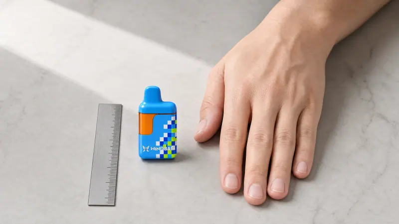 WINDBAR D95 Microvolt in Cool Blue Pixel beside a steel ruler and a hand for scale (WindBar.ai)