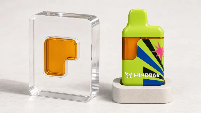 WINDBAR D95 Microvolt in Wasabi Spark beside a clear acrylic reservoir model (WindBar.ai)