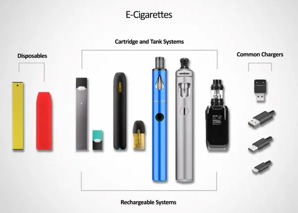 Chart labeled E-Cigarettes showing disposables, rechargeable systems and common chargers — WindBar.ai SPECTRUM