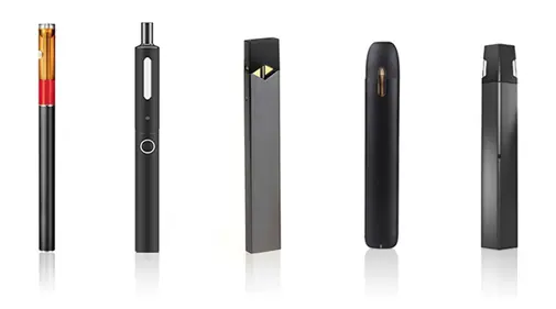 Five electronic nicotine delivery devices on a white background, FDA public-domain photo — WindBar.ai D91 Voyagers