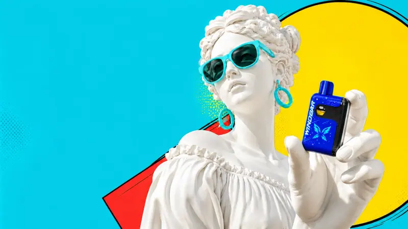 Classical statue in sunglasses holding a WINDBAR SPECTRUM in Cobalt Blue, pop-art background