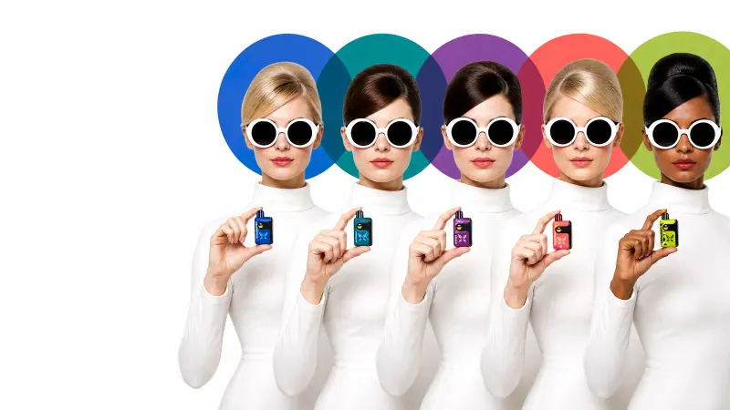 Five adult models each holding a different WINDBAR SPECTRUM finish (WindBar.ai)