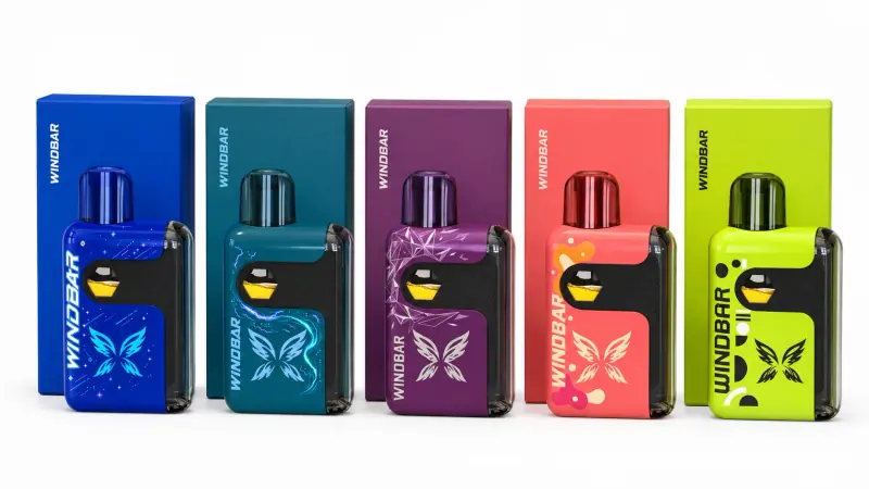 Five WINDBAR SPECTRUM finishes in front of color-matched boxes on white