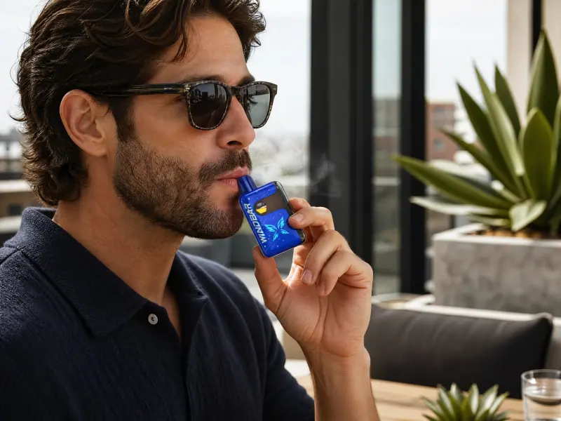 Adult man in sunglasses using a WINDBAR SPECTRUM in Cobalt Blue (WindBar.ai)