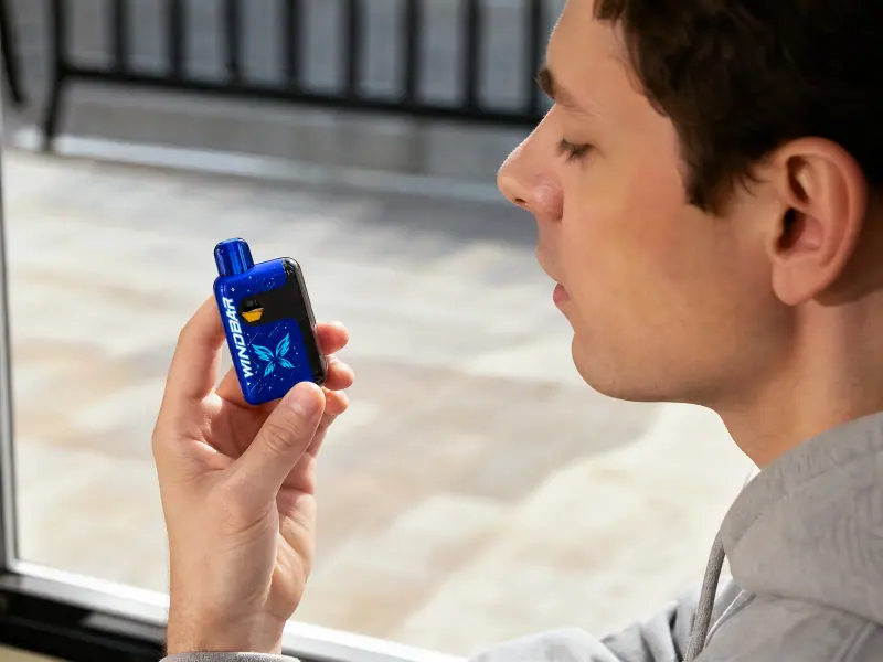 Adult man inspecting a WINDBAR SPECTRUM in Cobalt Blue by a window (WindBar.ai)