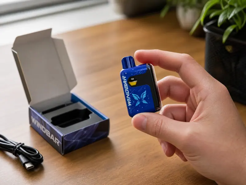 Hand lifting a WINDBAR SPECTRUM in Cobalt Blue from its open carton (WindBar.ai)