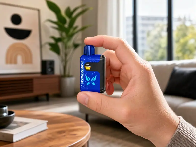 Hand holding a WINDBAR SPECTRUM in Cobalt Blue upright in a living room (WindBar.ai)