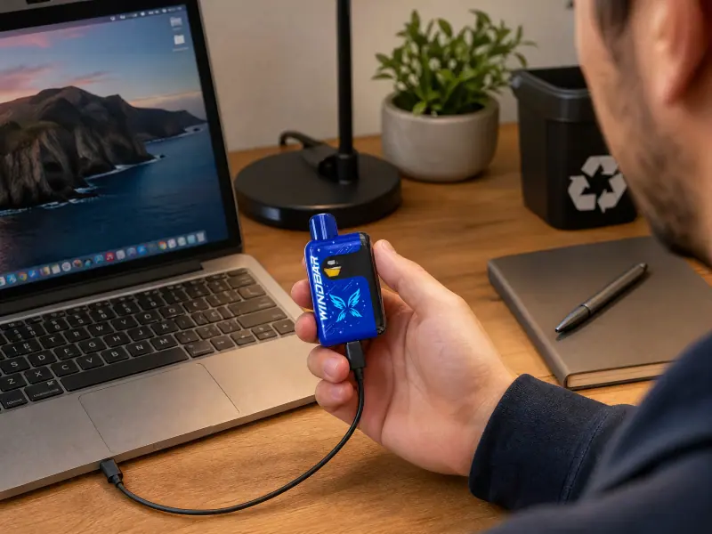 Hand holding a WINDBAR SPECTRUM in Cobalt Blue connected to a USB-C cable at a desk (WindBar.ai)