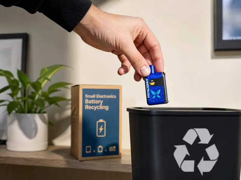 Hand dropping a WINDBAR SPECTRUM into a recycling bin (WindBar.ai)