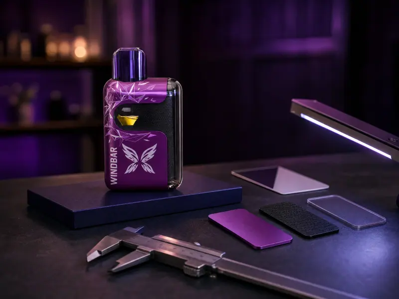WINDBAR SPECTRUM in Violet Cut on a dark bench with calipers and color samples (WindBar.ai)